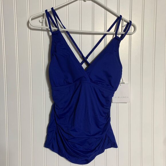 La Blanca Island Goddess Underwire Cross Back Tankini Top Womens Size 4 Blue - Picture 1 of 12